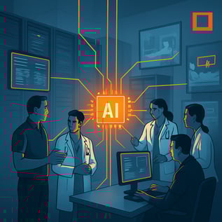 Digital illustration of a hospital data center doctors collaborating with IT professionals a glowing orange AI chip at the center lines radiating to hospital rooms and monitors Zero Hour Group orange branding accent clean and futuristic-1